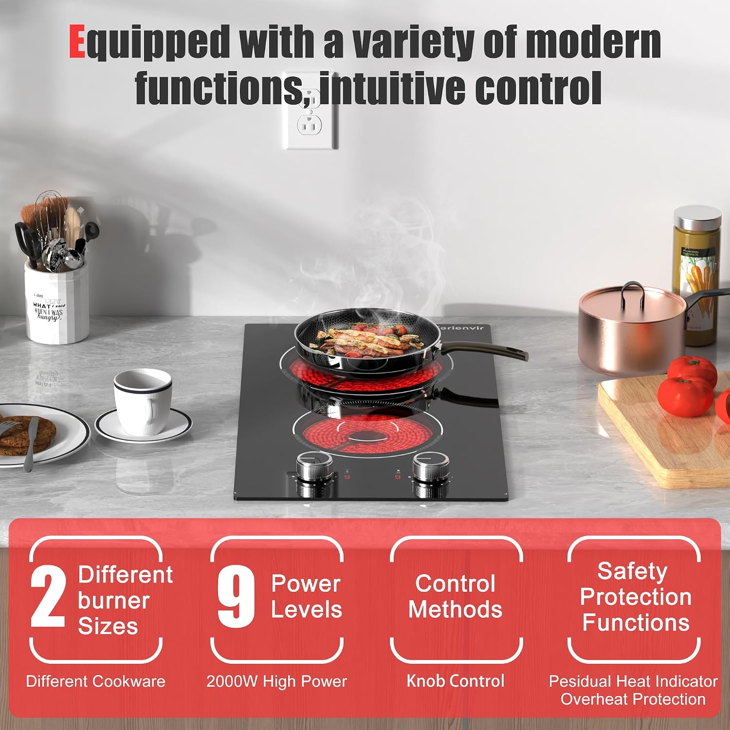 2 Burner Electric Cooktop, 12 Inch Countertop & Built-in Electrical Stovetop, 110V Electric Stove with Plug, Knob Control, 9 Power Level, 2000W(1400W+600W)