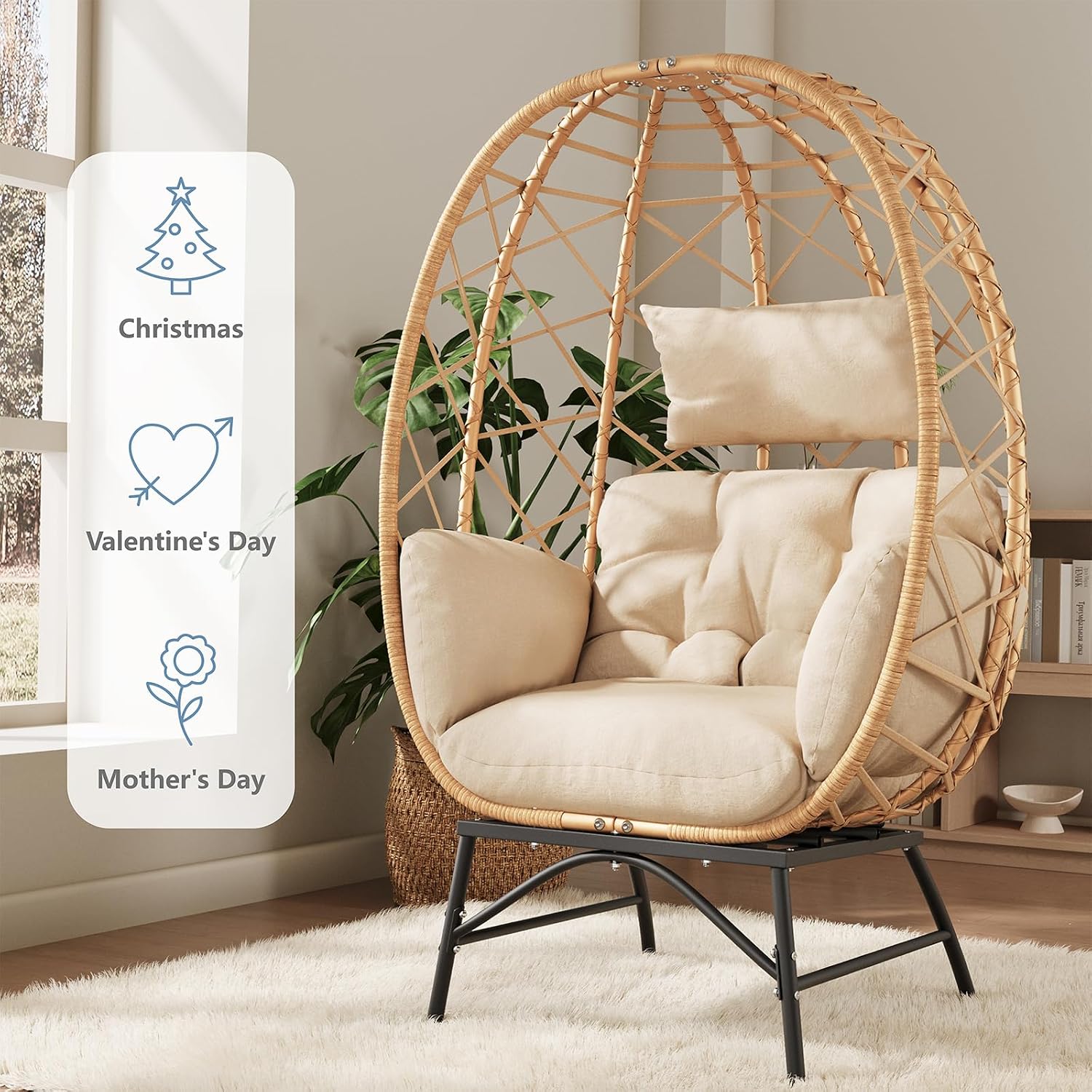 SWITTE Wicker Egg Chair Outdoor, Oversized Patio Lounge Chairs with Cushion for Indoor Living Room, Bedroom, Outside Backyard Balcony-Beige