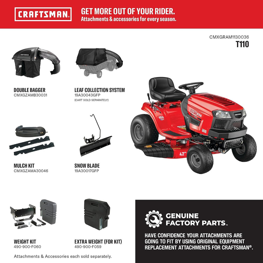 CRAFTSMAN 42' Gas Riding Lawn Mower with 17.5 HP* Briggs and Stratton Single-Cylinder Engine, Gas Lawn Tractor with 7-Speed Transmission, Red/Black (13AN77XSA93)