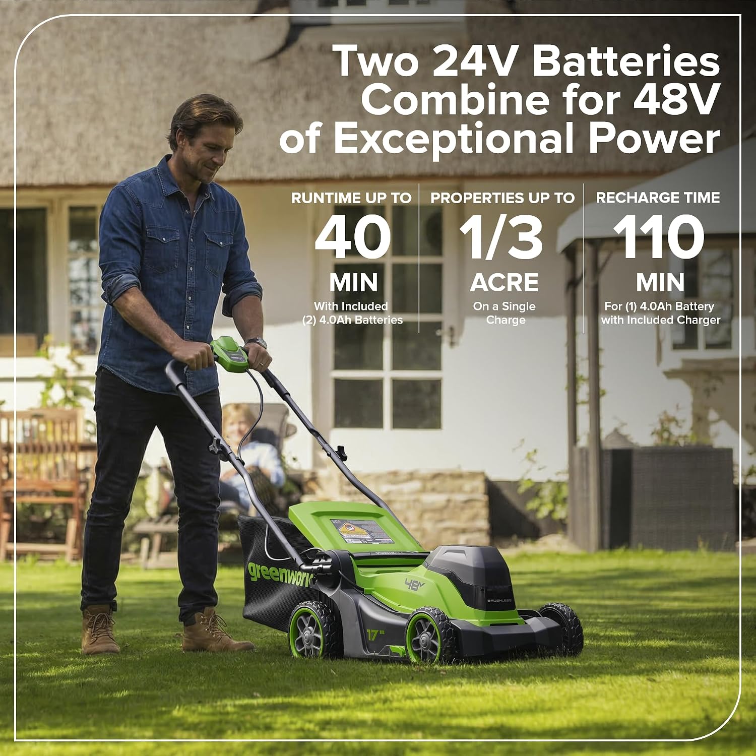 Greenworks 48V (24V x 2) 17' Brushless Push Mower + 270 CFM/130MPH Blower + 12' String Trimmer Combo with (2) 4.0Ah Batteries, 65W Type-C Charger & (2) 3-ft Cables