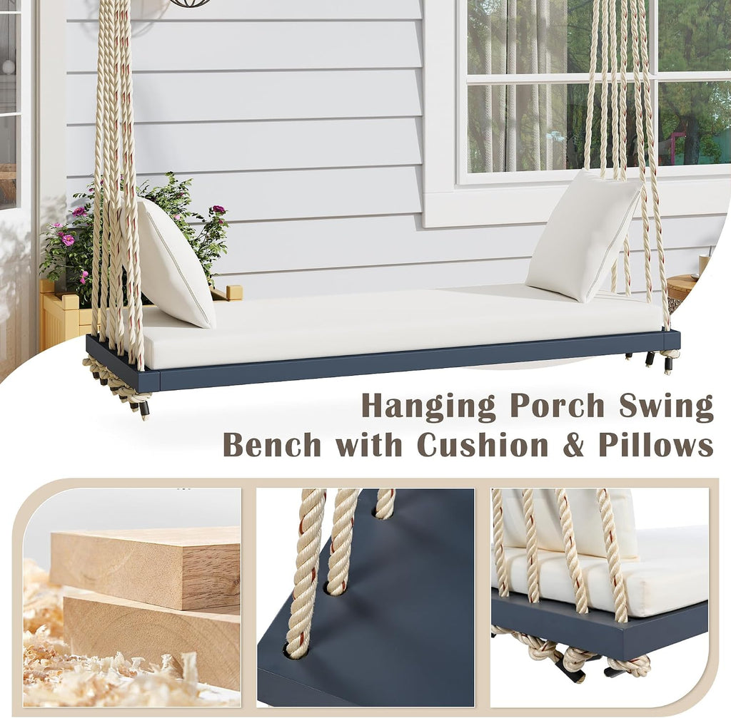 YOPTO Acacia Wood Porch Swing Bench with Cushion & Pillows, 63' Outdoor Hanging Bench for 2 Adults, Rustic Heavy Duty 10.8ft Ropes Swing Daybed for Patio Backyard Garden, White