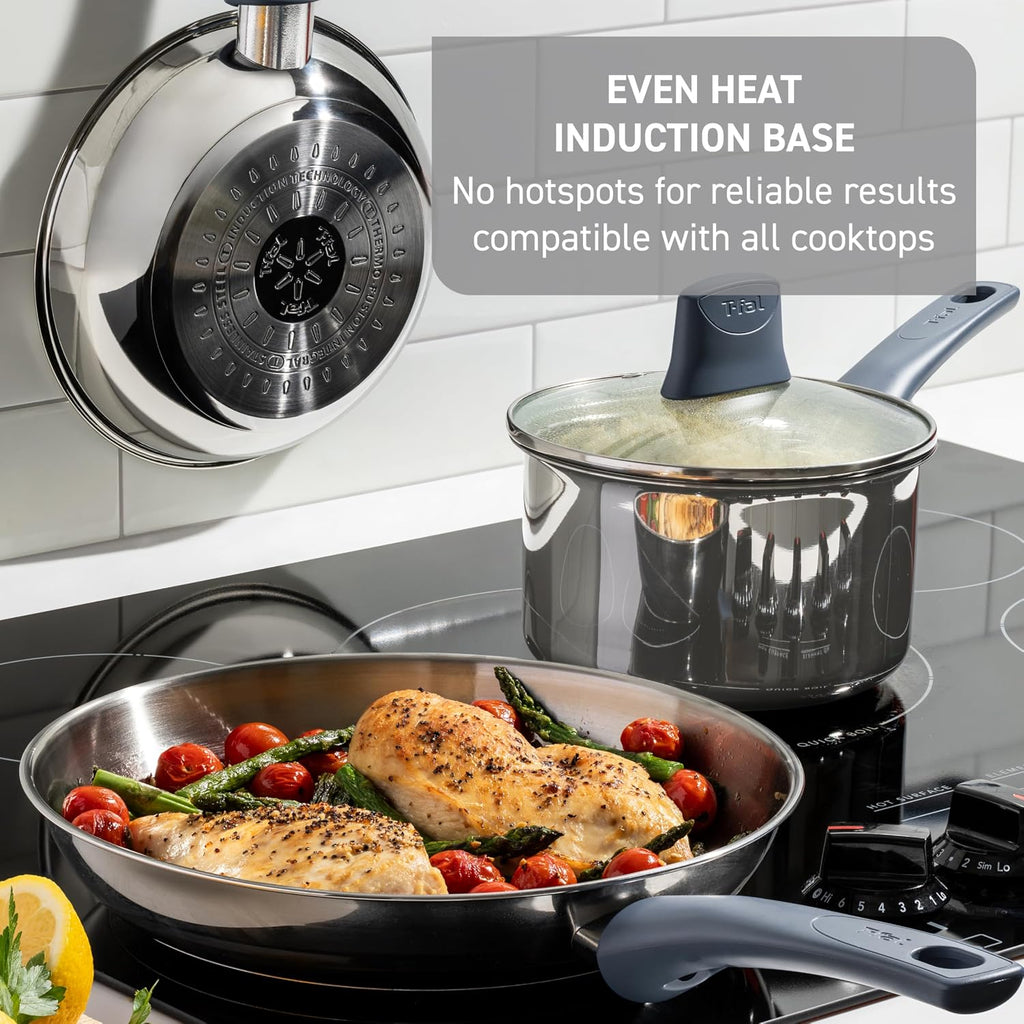 T-fal Essentials Stainless Steel Cookware Set 12 Piece, Induction Compatible, Oven Safe 350F, Cooking Set w/Stewpots, Stockpot, Saucepan, Lids & Tools, Measuring Marks, Dishwasher Safe, Silver/Blue