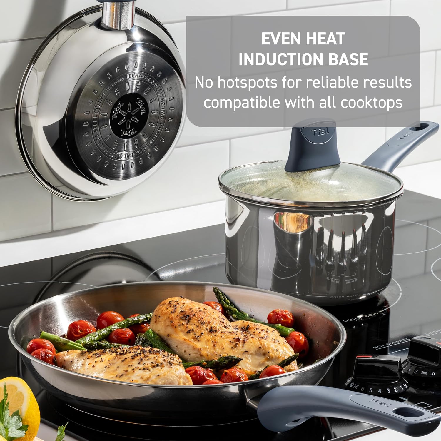 T-fal Essentials Stainless Steel Cookware Set 12 Piece, Induction Compatible, Oven Safe 350F, Cooking Set w/Stewpots, Stockpot, Saucepan, Lids & Tools, Measuring Marks, Dishwasher Safe, Silver/Blue