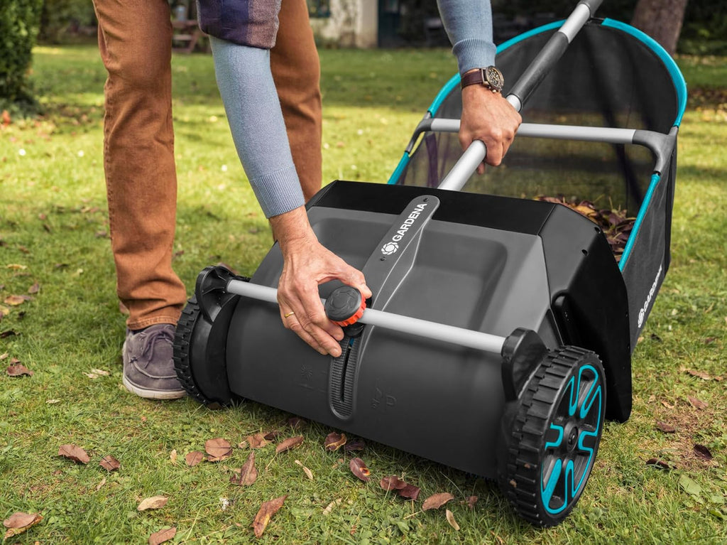 GARDENA Lawn & Leaf Collector Sweeper - Manual Lawn Sweeper - Large Capacity Hopper Bag - Adjustable Height Wide Brush Pickup - Easy to Maneuver Yard Debris Collector - Space Saving Storage - 03565