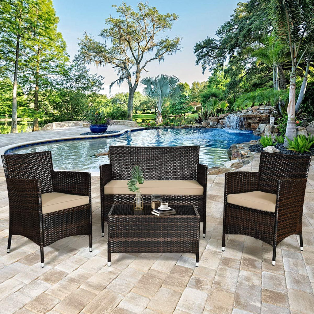 Goplus 4-Piece Rattan Patio Set, Outdoor/Indoor Wicker Conversation Set for Pool, Backyard, Lawn, Wicker Chairs and Sofa with Soft Cushion, Rattan Furniture with Tempered Glass Coffee Table