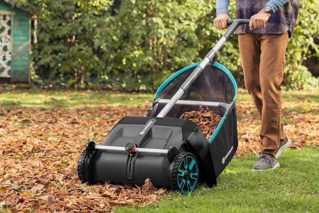 GARDENA Lawn & Leaf Collector Sweeper - Manual Lawn Sweeper - Large Capacity Hopper Bag - Adjustable Height Wide Brush Pickup - Easy to Maneuver Yard Debris Collector - Space Saving Storage - 03565