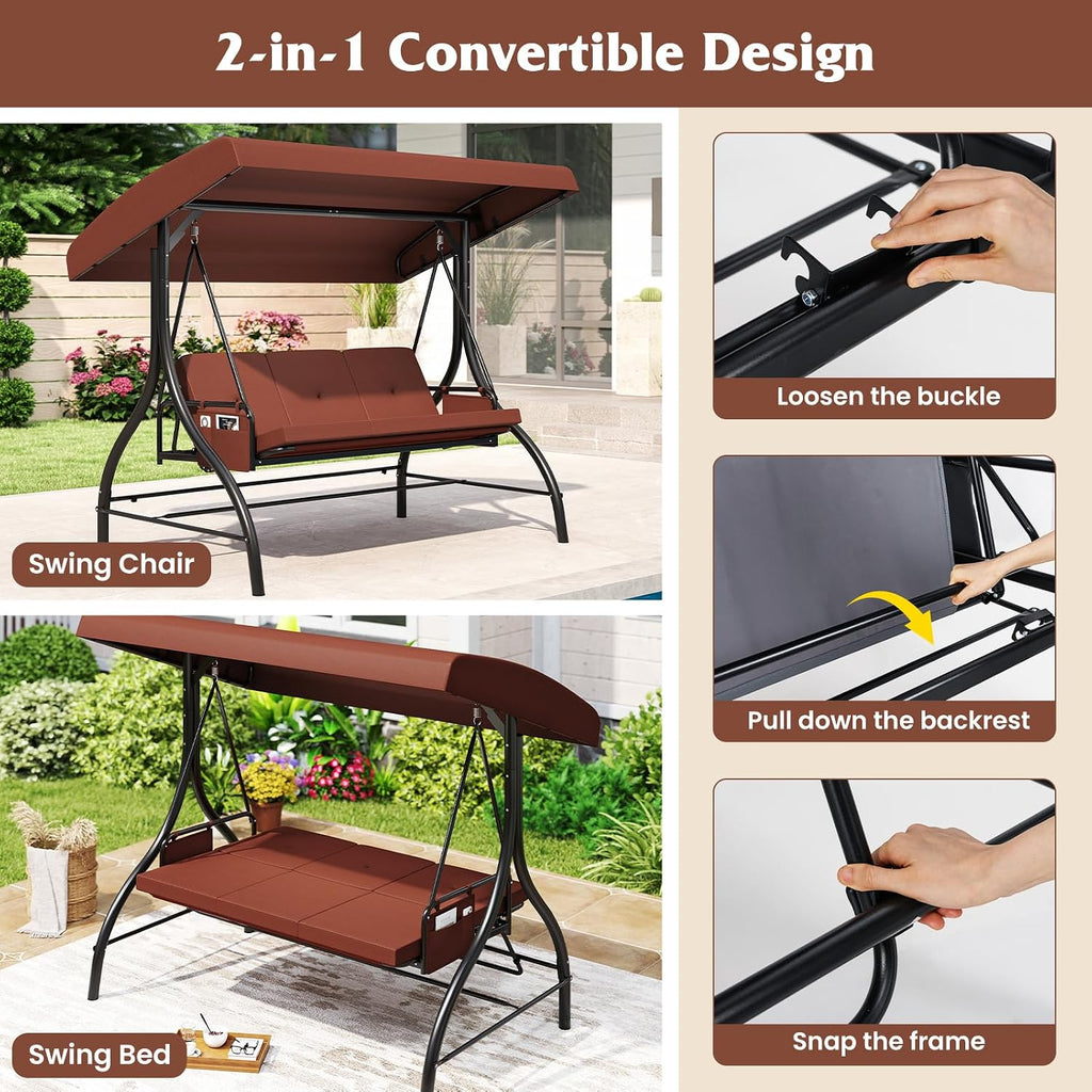 Tangkula 3 Person Porch Swing, 2-in-1 Convertible Outdoor Swing with Adjustable Canopy, Removable Cushions, Metal Frame, Side Pockets for Backyard, Garden, Porch (Brown)