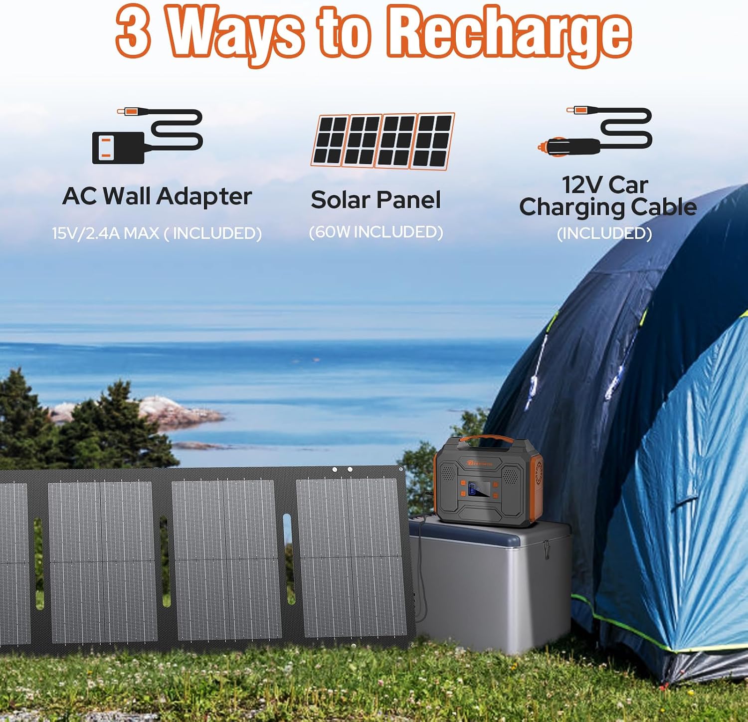 Portable Solar Generator 300W Power Station with Foldable 60W Solar Panel, Portable Power Bank 65W with DC AC Outlet 110V for Laptop Smart Device Home RV Outdoor Hiking Camping Adventure