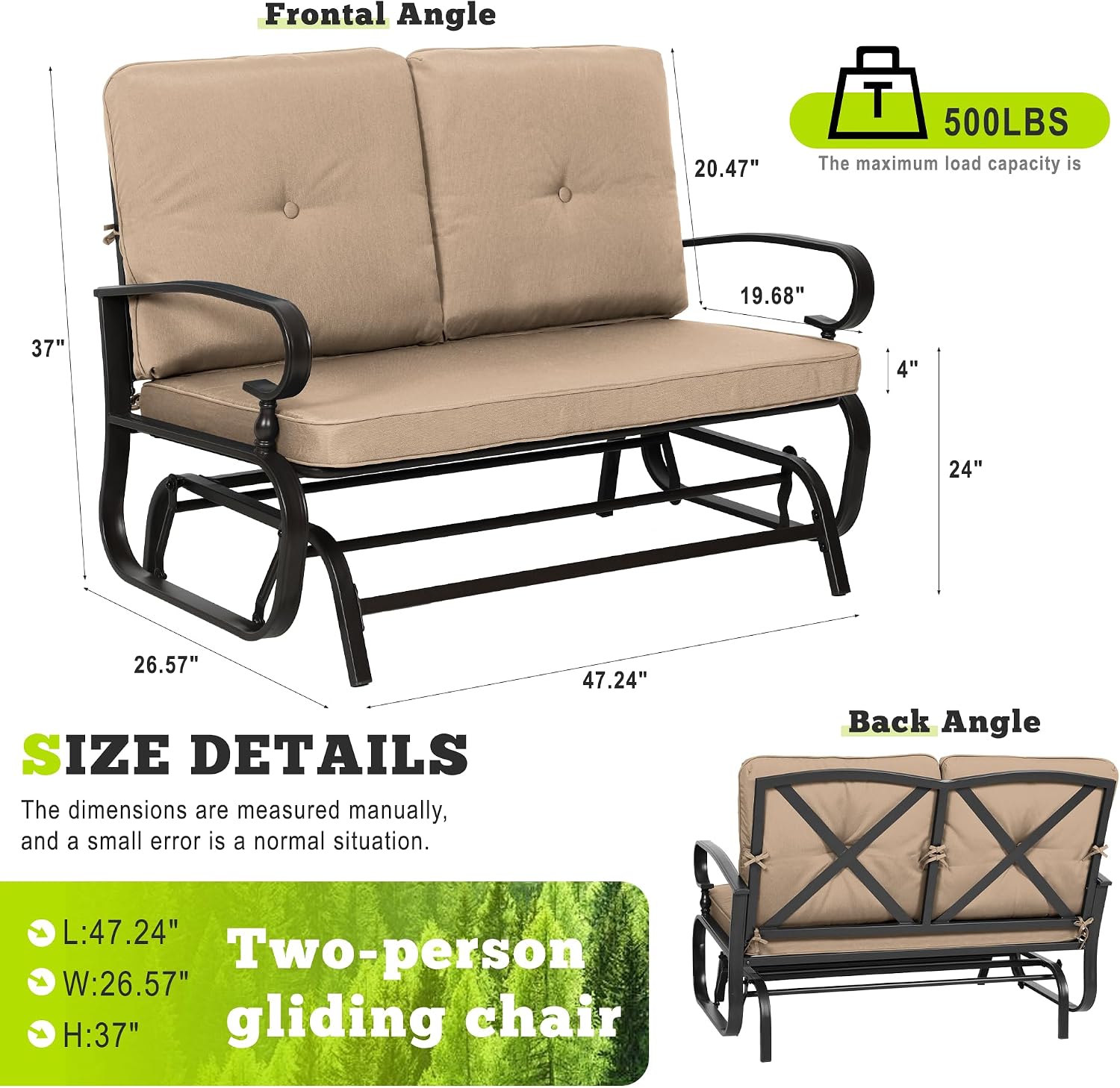Outdoor Bench Patio Swing Glider Loveseat 2 Seats Rocking Chair, Wrought Iron Gliders for Outside Patio with Cushion (Brown)
