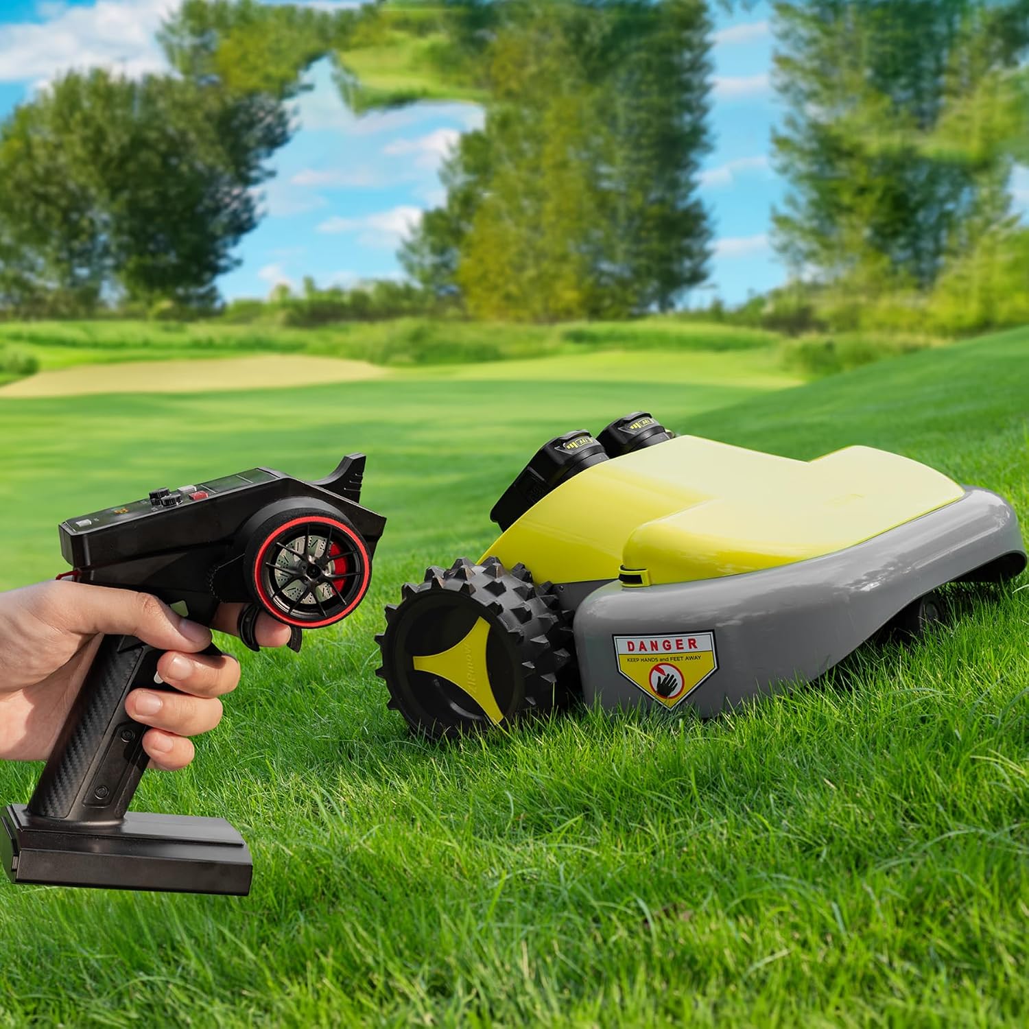 Remote Control Lawn Mower - Cordless All-Wheel Drive RC Mower, 45° Slope Climbing, 2'-3' Height Adjustment, Dual 3Ah Batteries (Up to 60 Min Runtime), No Gas No Oil