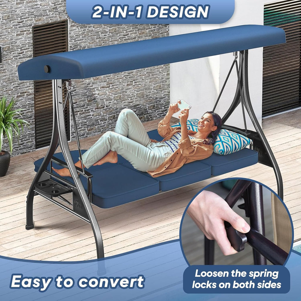 ZZW 3 Seat Outdoor Porch Patio Swing with Stand 800lbs 2-in-1 Convertible Swing Bed with Adjustable Canopy & Removable Cushion for Yard Garden Deck (Blue, Square Tube)