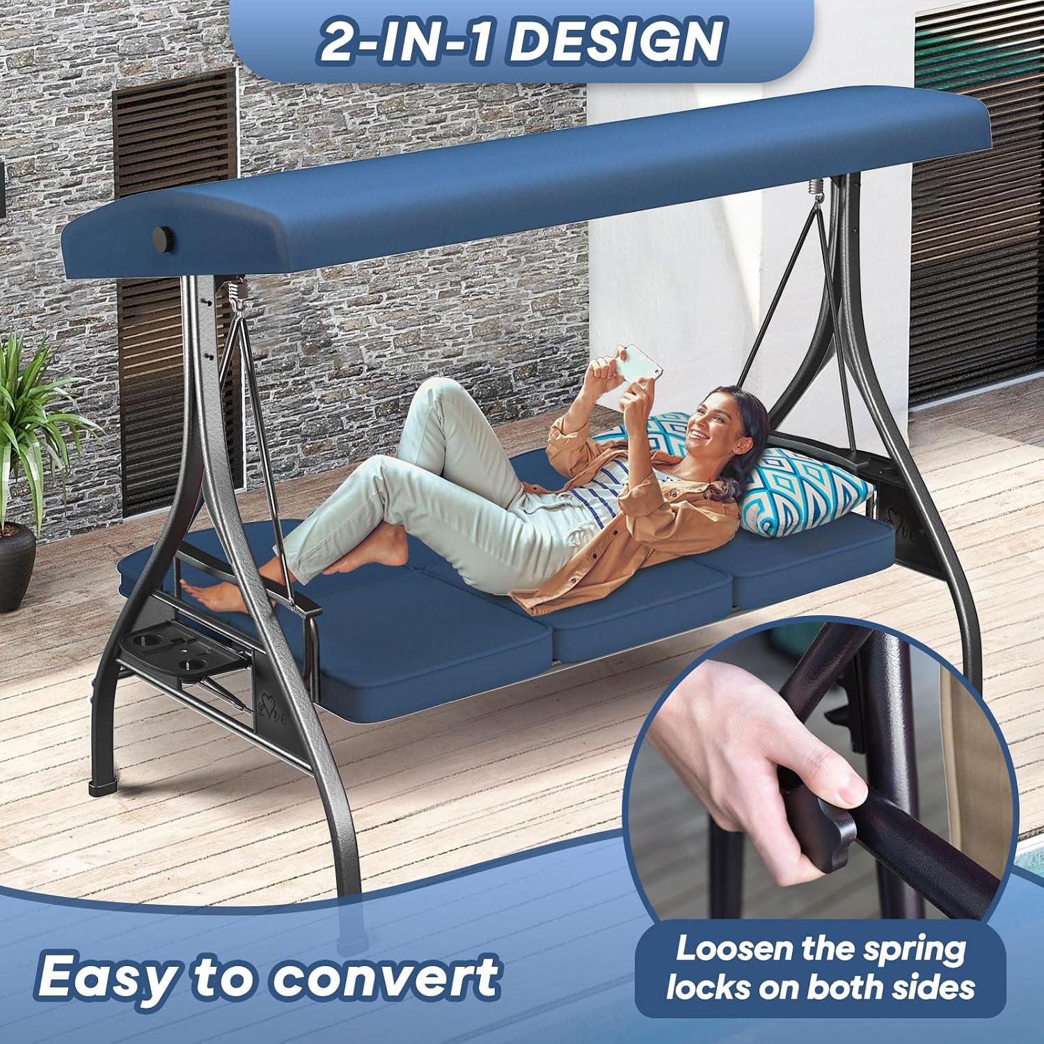 ZZW 3 Seat Outdoor Porch Patio Swing with Stand 800lbs 2-in-1 Convertible Swing Bed with Adjustable Canopy & Removable Cushion for Yard Garden Deck (Blue, Square Tube)
