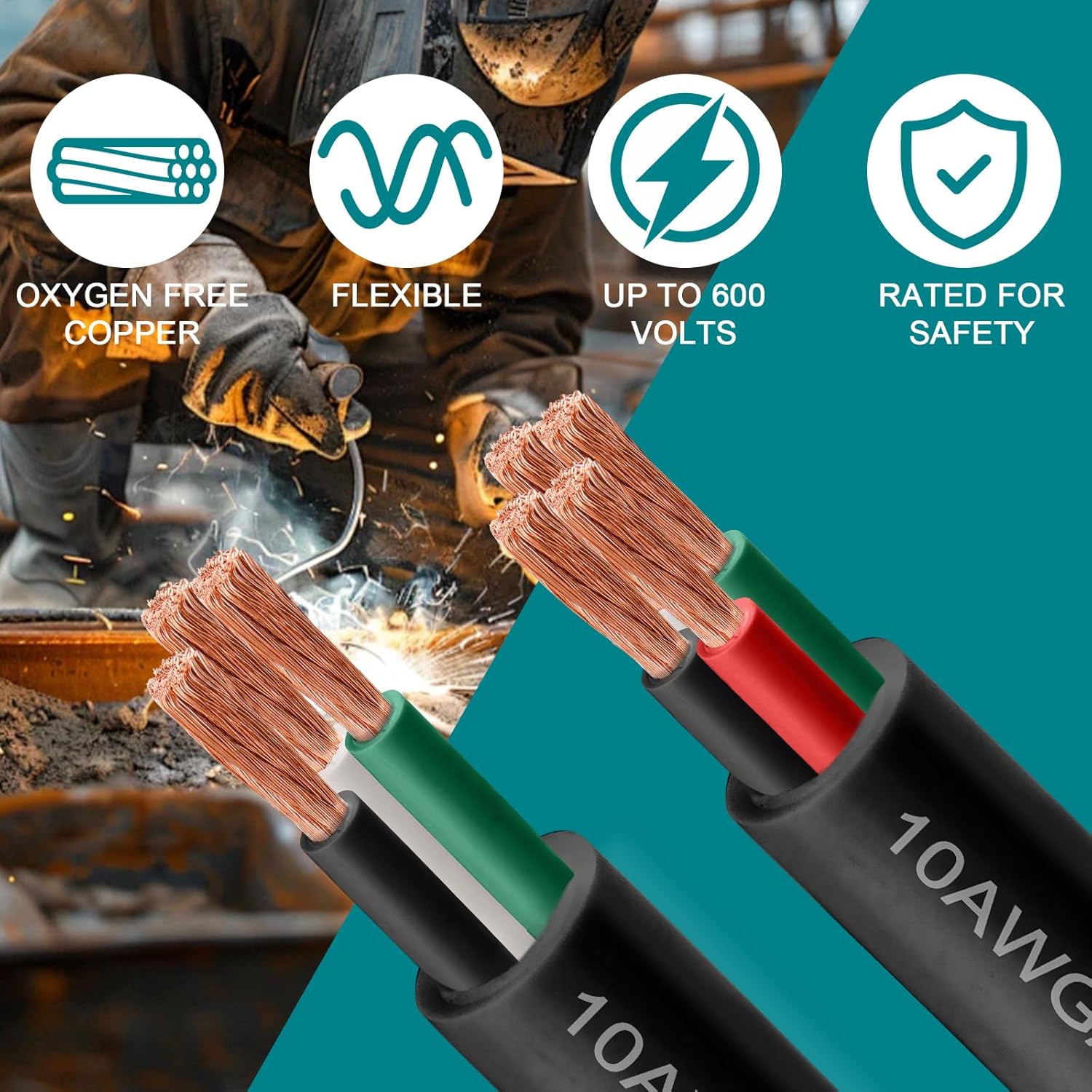 12/4 SOOW Wire 100FT, 12 AWG 600V SOOW Bulk Cable, 12 Gauge 4 Conductor Portable Power Cable, Extension Cord for Welder,Generator,Portable Light,Circuits,EV Car Charger,Motor Lead