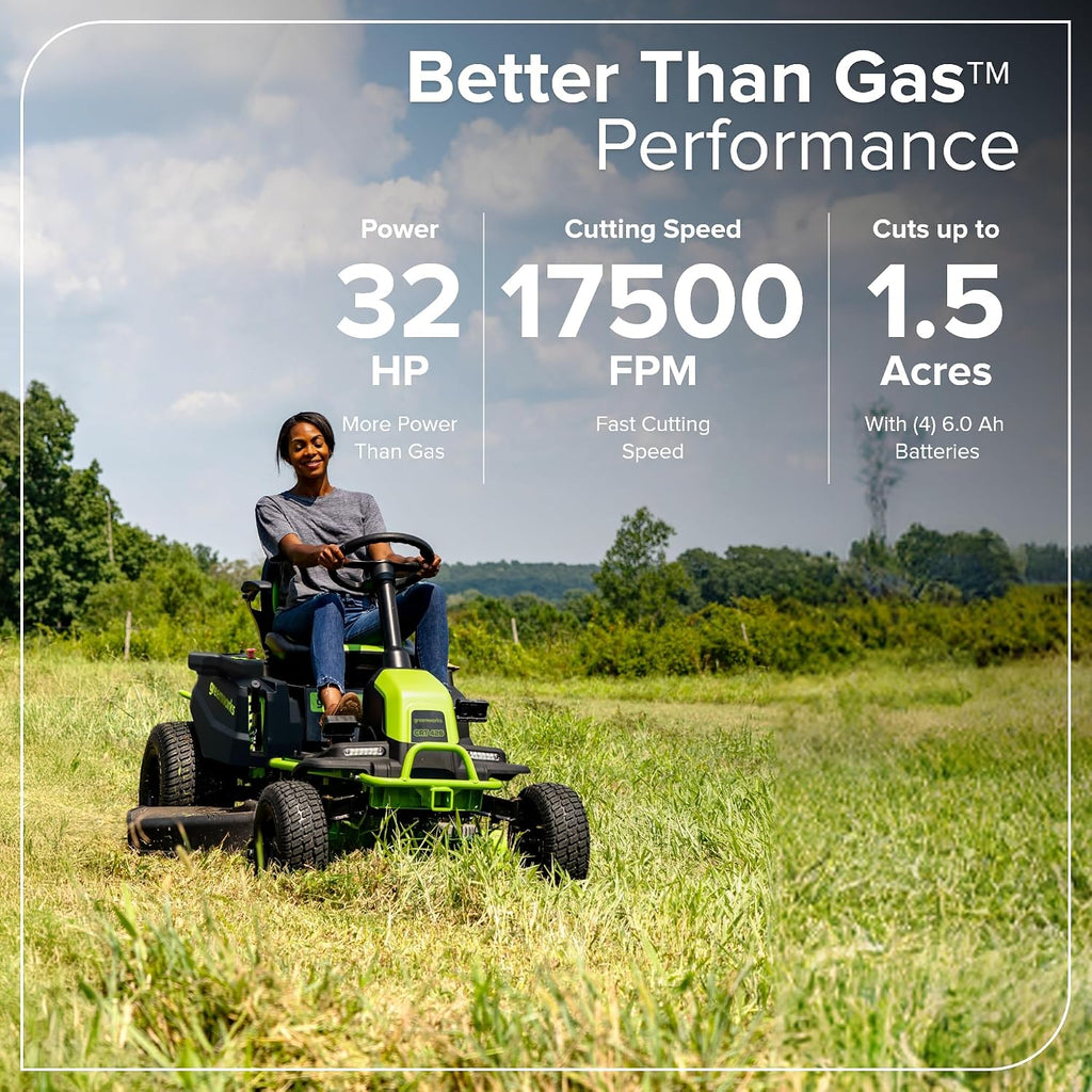 Greenworks 80V 42' CrossoverT Cordless Riding Lawn Tractor, (4) 6.0Ah Batteries and 600W Charger