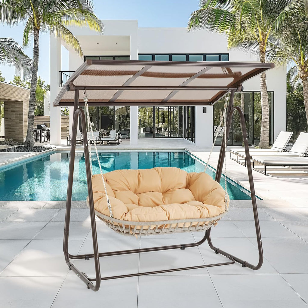 2-Seat Outdoor Patio Porch Swing with Polycarbonate (PC) Canopy, All-Weather Outdoor Swing Chair with 4.7' Thick Cushion and Hand-Woven Rope, Heavy Duty Steel Frame for Patio, Garden, Khaki