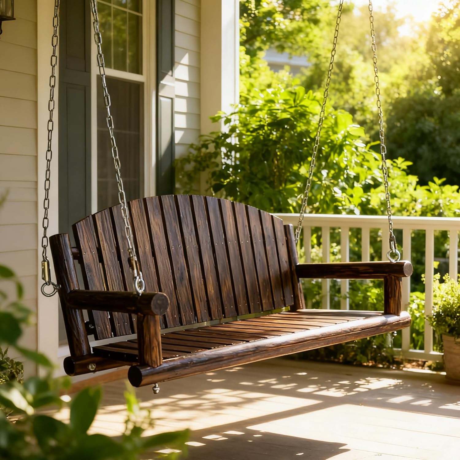 5FT Rustic Log Wooden Porch Swing, Heavy-Duty 900 LBS, Outdoor Hanging Bench for Patio, Garden, Yard – Solid Fir Wood, Handcrafted, Weather-Resistant Finish (Rustic, 5-feet)
