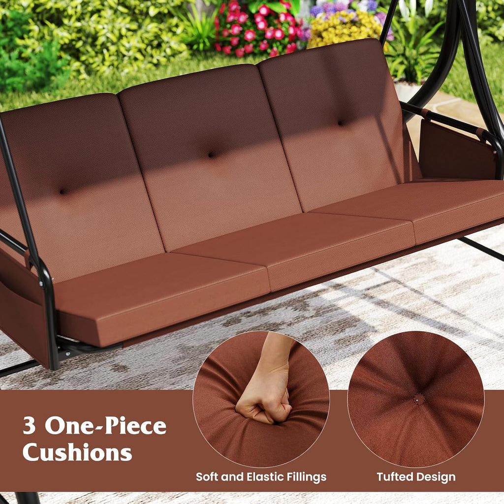 Tangkula 3 Person Porch Swing, 2-in-1 Convertible Outdoor Swing with Adjustable Canopy, Removable Cushions, Metal Frame, Side Pockets for Backyard, Garden, Porch (Brown)