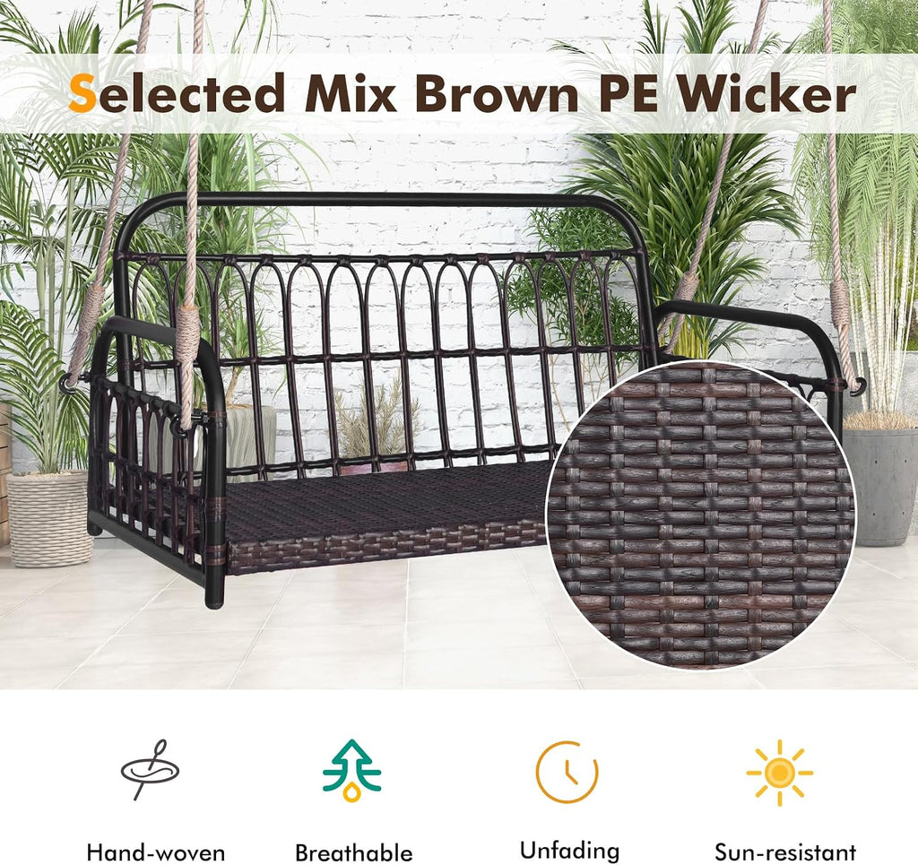 HAPPYGRILL Wicker Porch Swing, 2-Person Outdoor Patio Hanging Chair with Cushions, Metal Frame, Hanging Swing Bench with Ropes for Garden Backyard, 880 LBS Weight Capacity