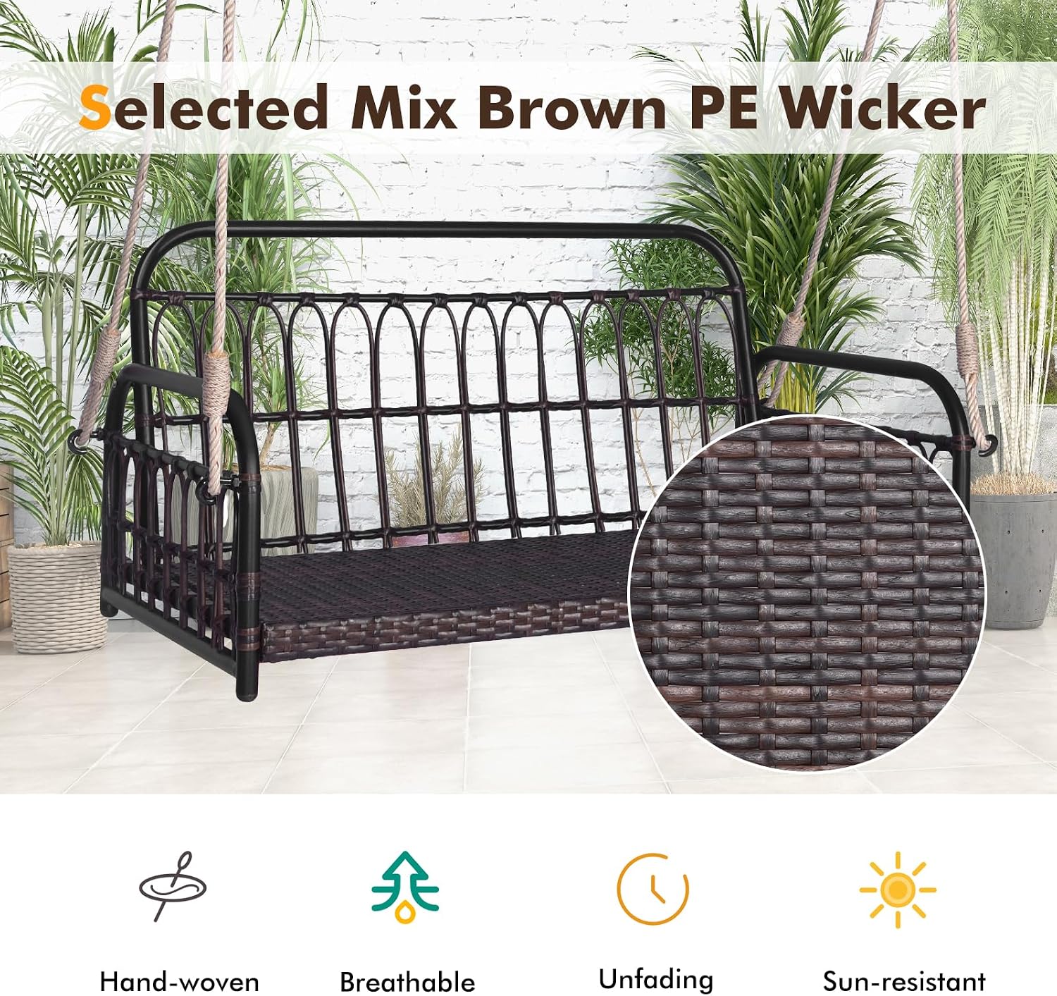 HAPPYGRILL Wicker Porch Swing, 2-Person Outdoor Patio Hanging Chair with Cushions, Metal Frame, Hanging Swing Bench with Ropes for Garden Backyard, 880 LBS Weight Capacity