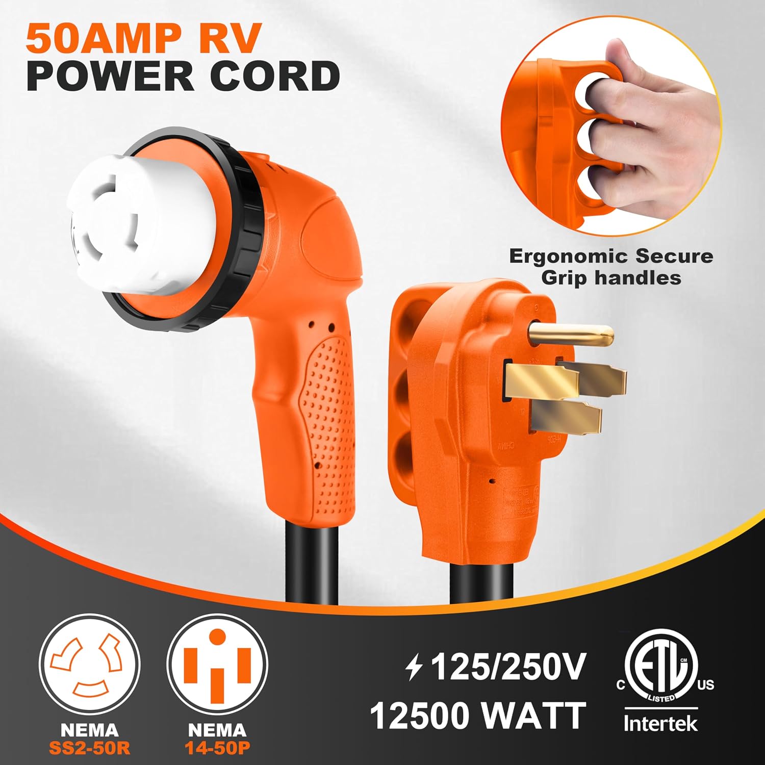 50 Amp RV Extension Cord 25 ft, Heavy Duty 6/3+8/1 SJTW AWG RV Power Cord with Grip Handle Twist Lock, NEMA 14-50P to SS2-50R with Polarity Lamp