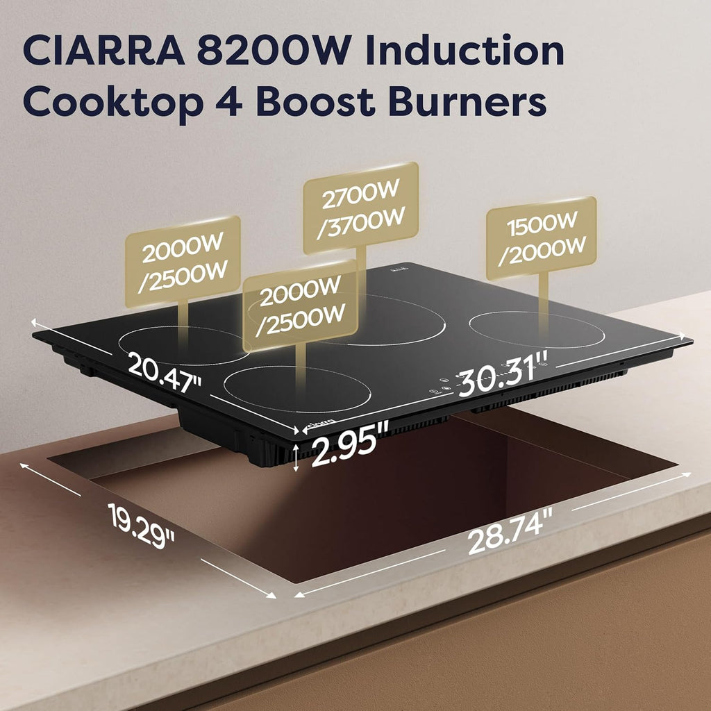 CIARRA 30 inch Induction Cooktop 4 Burners, 8200W Built-in Induction Stovetop with Booster, Timer & Safety Lock