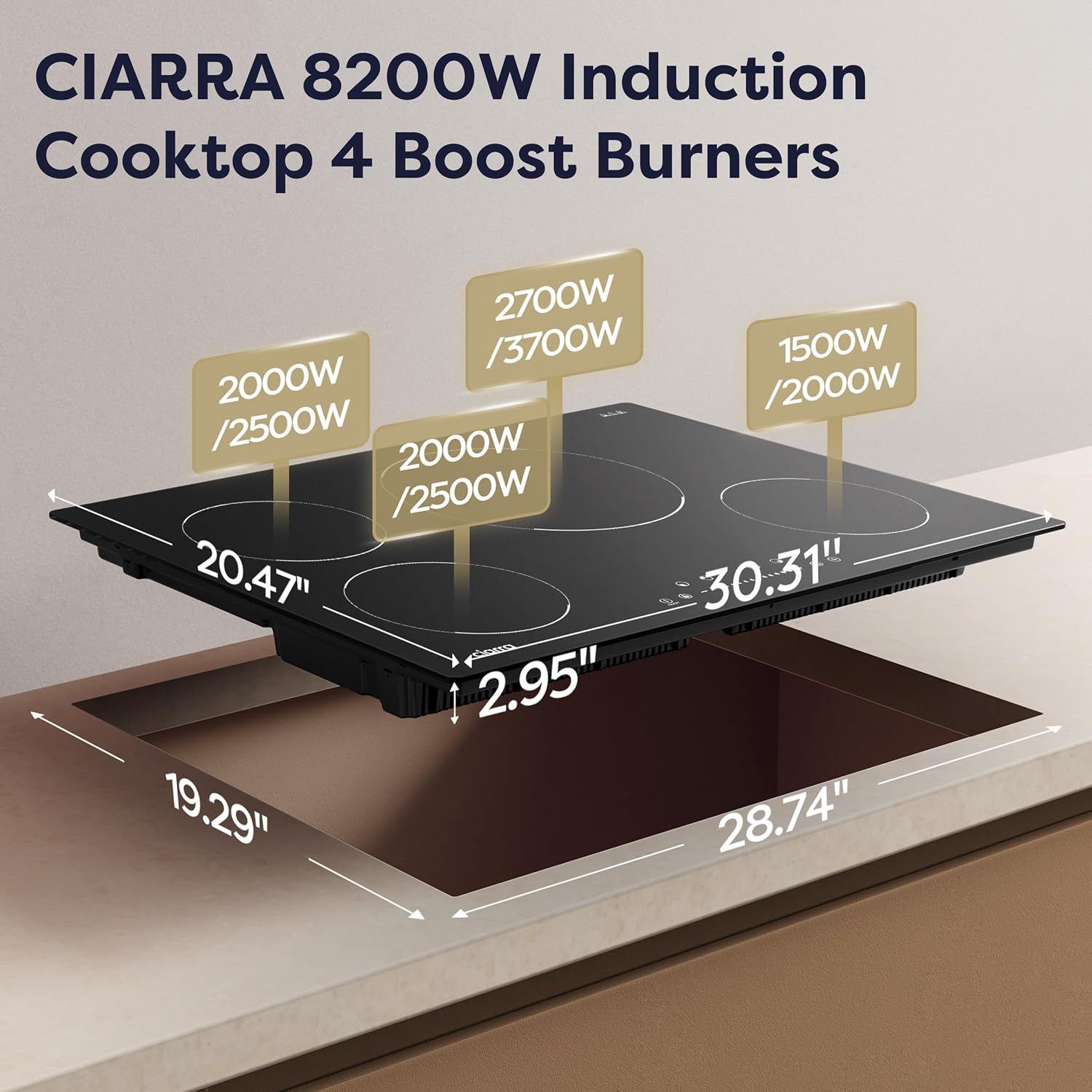 CIARRA 30 inch Induction Cooktop 4 Burners, 8200W Built-in Induction Stovetop with Booster, Timer & Safety Lock