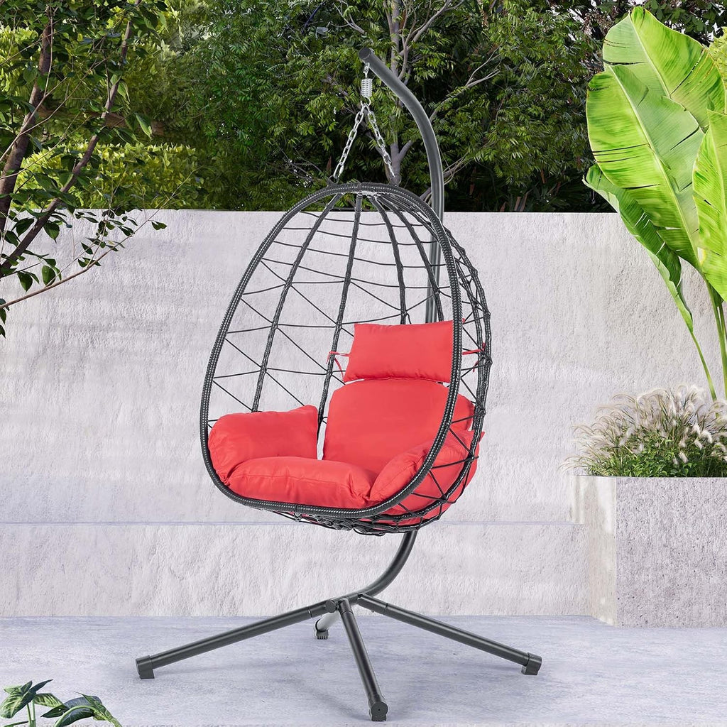 Hanging Egg Chair with Stand, Black Wicker Rattan Swing Egg Chair, Indoor Outdoor Swing Chair for Patio Balcony Porch Bedroom, 350 LBS Capacity (Red)