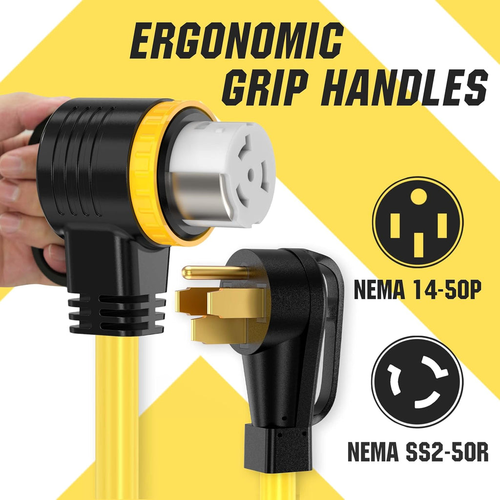 YOMILINK 50 Feet 50 Amp RV/Generator Cord, 100% Copper Wire, NEMA 14-50P to SS2-50R Twist Lock, Newly Designed 90°Grip Handle, 6/3+8/1 Gauge STW Wire