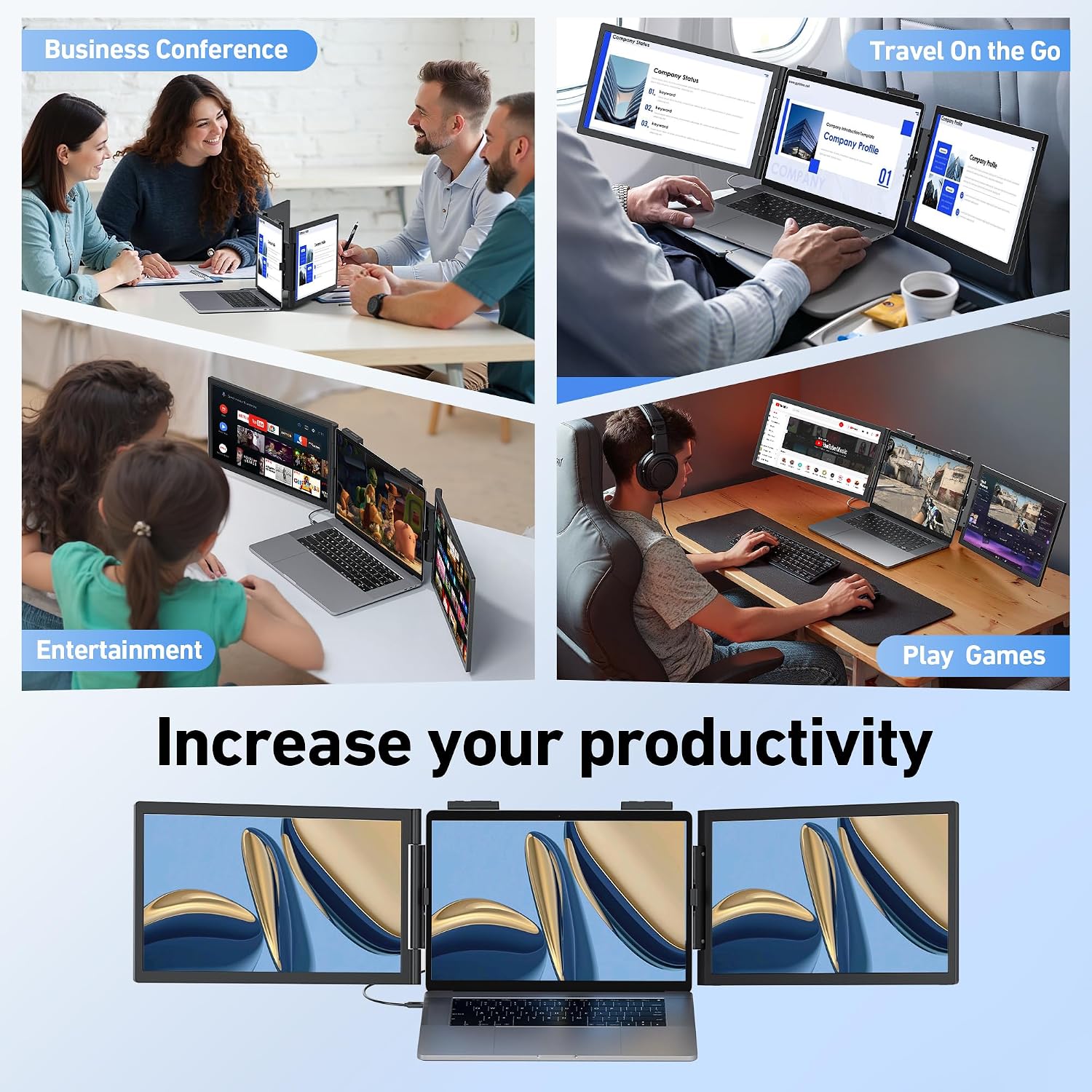 Laptop Screen Extender, 14'' FHD 1080P Triple Portable Monitor for Laptop with Ultra-Slim IPS Display, USB-C Plug and Play Multi Screen Attachment for 14'-15.6' Laptops