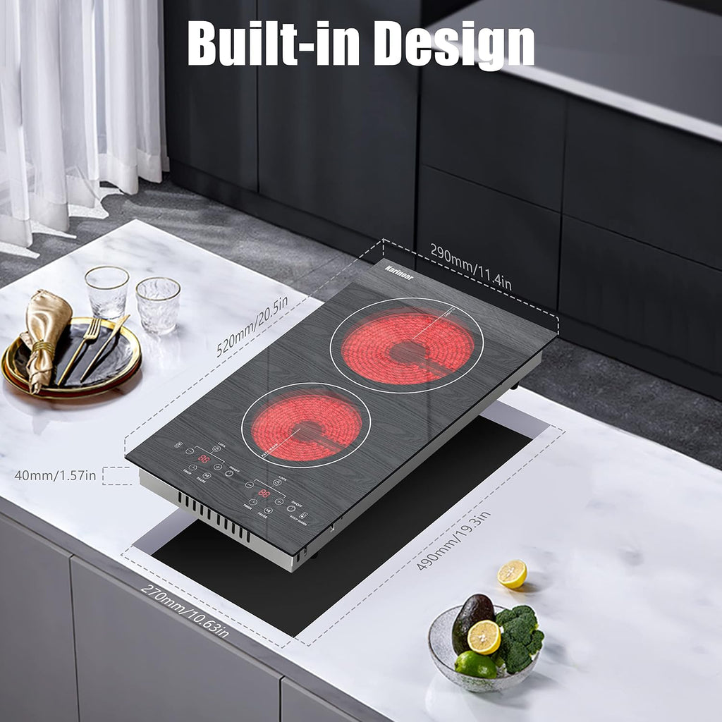 Karinear Portable Electric Cooktop 2 Burners, 110v Plug in Electric Stove Top, Countertop Use or Built-in Install, 12'' Ceramic Cooktop with Beautiful Wooden Pattern