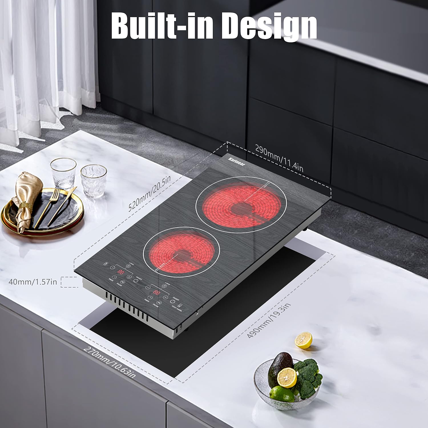 Karinear Portable Electric Cooktop 2 Burners, 110v Plug in Electric Stove Top, Countertop Use or Built-in Install, 12'' Ceramic Cooktop with Beautiful Wooden Pattern