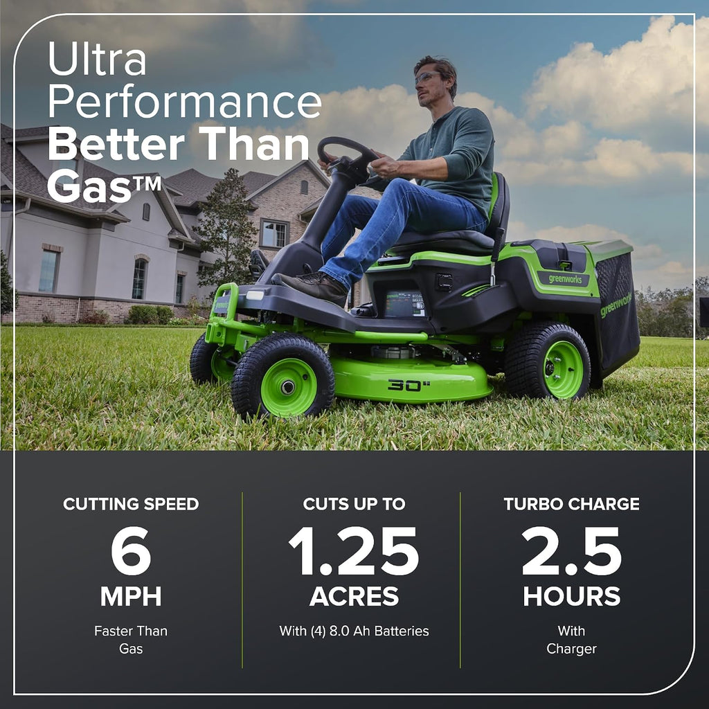 Greenworks 60V 30' Riding Lawn Mower (1.25 Acre, 16 HP Gas Equivalent, 6 MPH, Tow Up to 200 lbs.), (4) 8.0Ah Batteries (1,920 Wh Max) + Turbo Wall Charger
