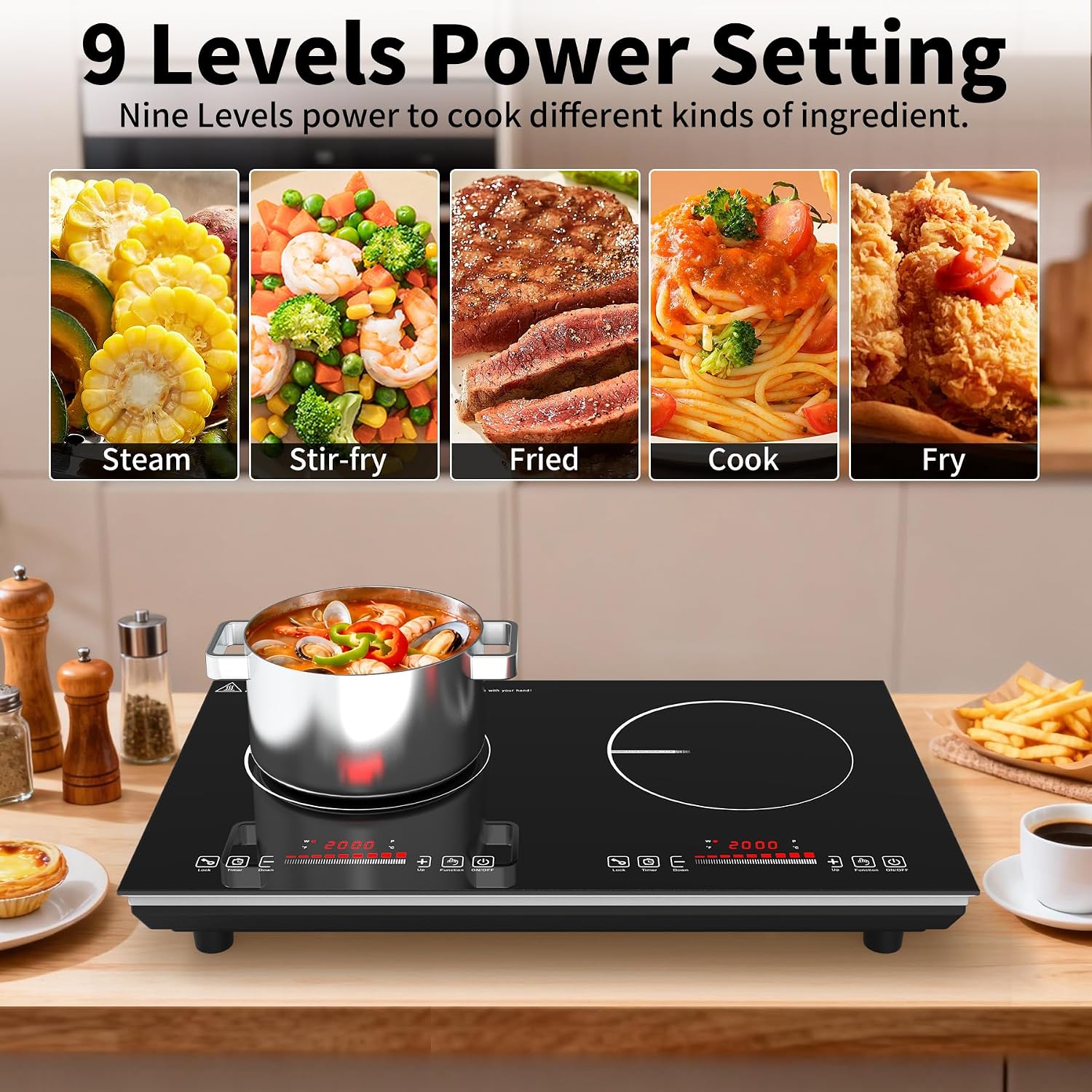 VBGK 2 burner Induction Hop,3600W Electric hob 2 burner with Knob Control,9 Power Levels, Kids Lock & Timer,LED touch control,double induction hop