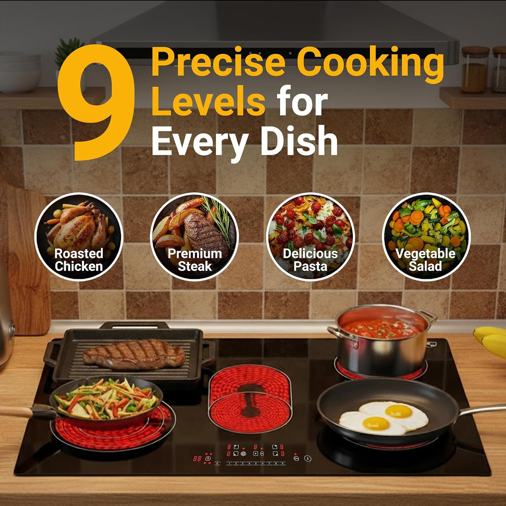K&H 5 Burner Electric Cooktop - 30 Inch Built-In Radiant Ceramic Stove Top - 9 Power Levels & Touch Control, Compatible with All Cookware, 240V, 8600W High-Power Built-in Electric Stove, CE30-8608