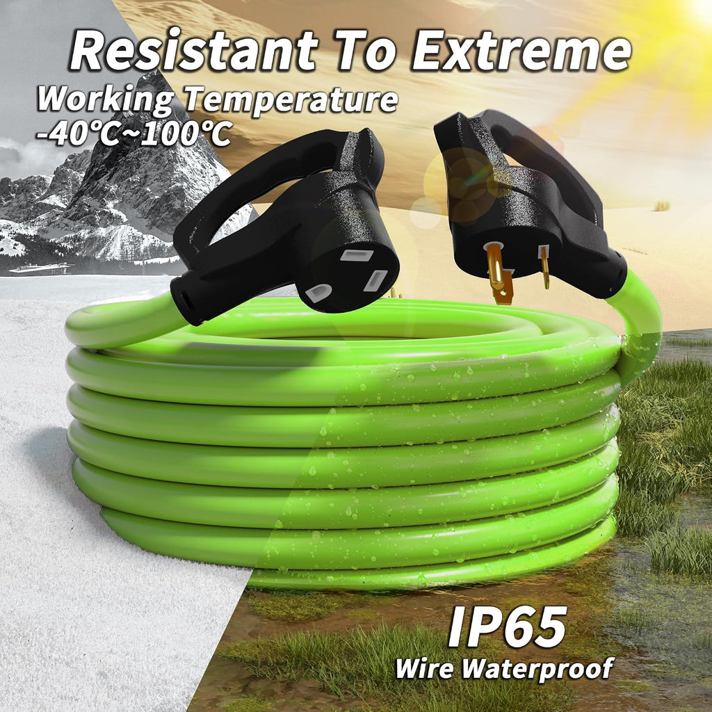 PlugSaf 100 FT 30 Amp RV Extension Cord Outdoor with Grip Handle, 10/3 Gauge Flexible Heavy Duty RV Power Cord Waterproof, NEMA TT-30P to NEMA TT-30R, 10AWG 125V 3750W STW, Green-Black, ETL Listed