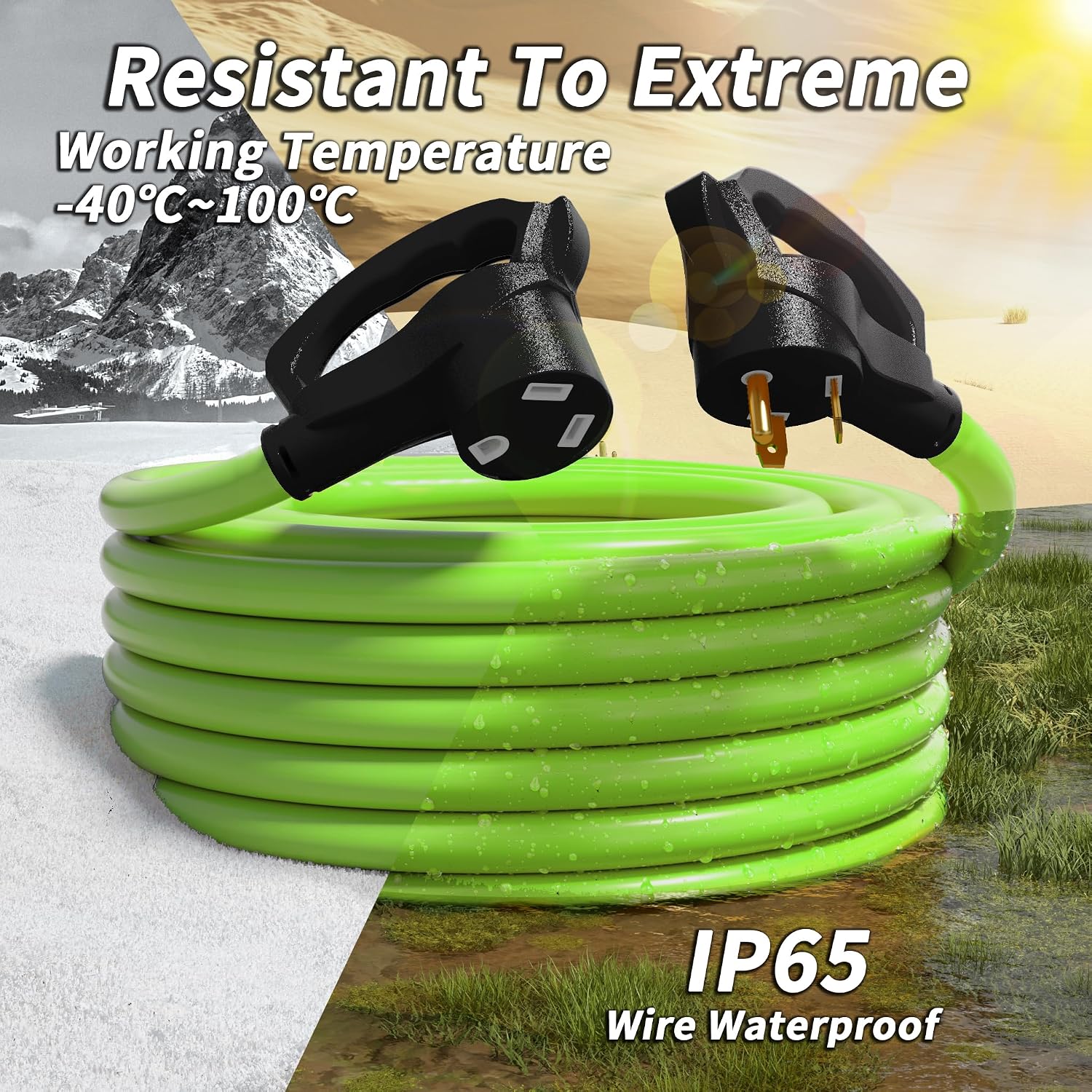 PlugSaf 100 FT 30 Amp RV Extension Cord Outdoor with Grip Handle, 10/3 Gauge Flexible Heavy Duty RV Power Cord Waterproof, NEMA TT-30P to NEMA TT-30R, 10AWG 125V 3750W STW, Green-Black, ETL Listed