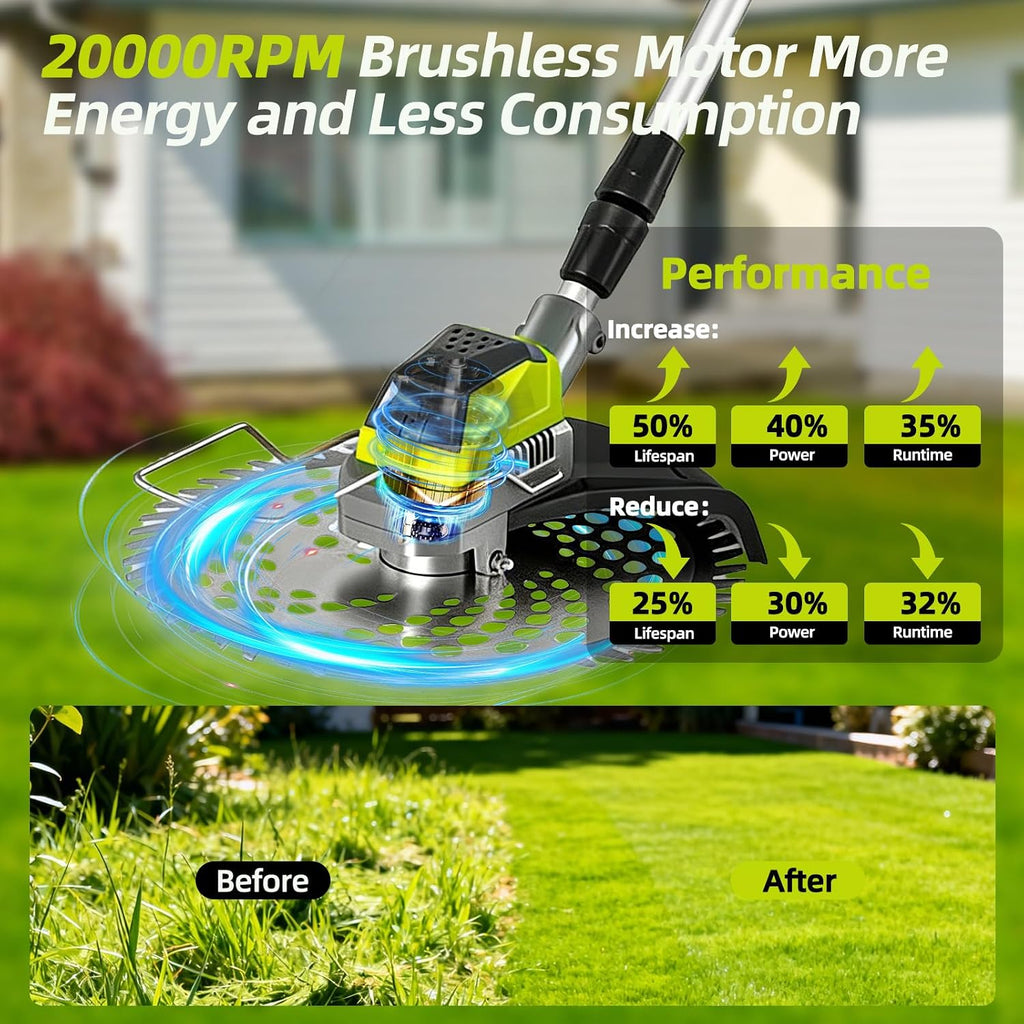 3-in-1 Cordless Weed Wacker with Wheels, 12-Inch Weed Eater Battery Powered Brush Cutter, 2x4.0Ah Batteries, LCD Display, Grass Trimmer Stringless Weed Trimmer Lawn Mower Edger