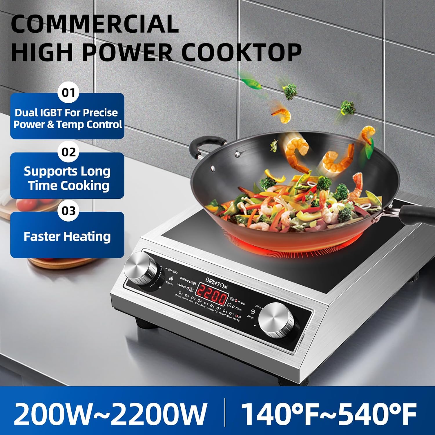 Induction Cooker, 2200W Commercial Induction Cooktop, Large Countertop Burner with 10 Cooking Functions & Dual IGBT for Safe Use, Portable Stainless Steel Hot Plate with 3 Hours Timer, 120V