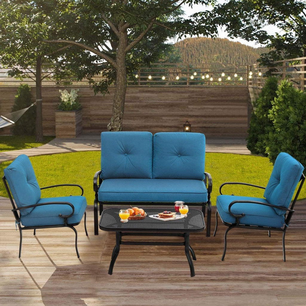 Outdoor Furniture Patio Conversation Set Loveseat, 2 Chairs, Coffee Table with Cushion, Lawn Front Porch Garden, Metal Chair Set Wrought Iron Look (Peacock Blue)