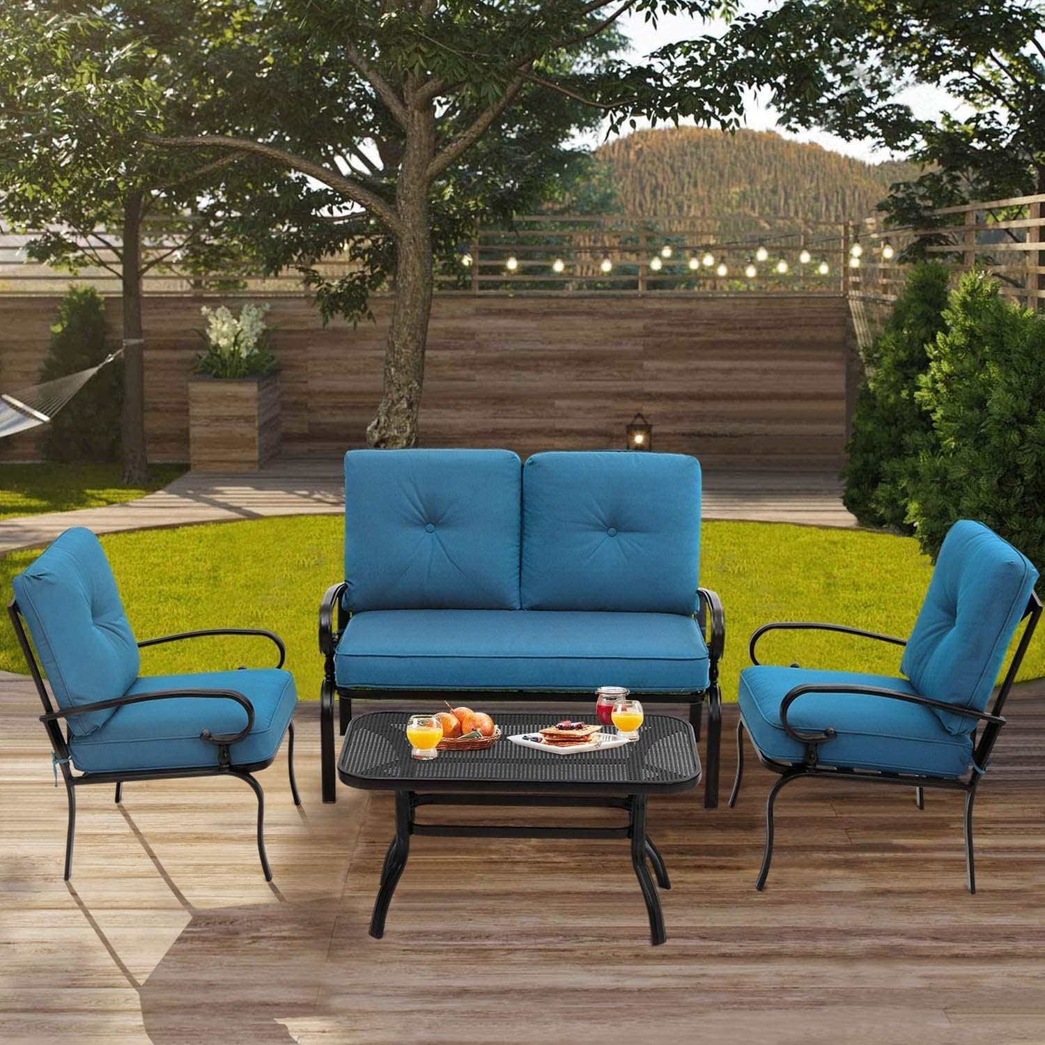 Outdoor Furniture Patio Conversation Set Loveseat, 2 Chairs, Coffee Table with Cushion, Lawn Front Porch Garden, Metal Chair Set Wrought Iron Look (Peacock Blue)