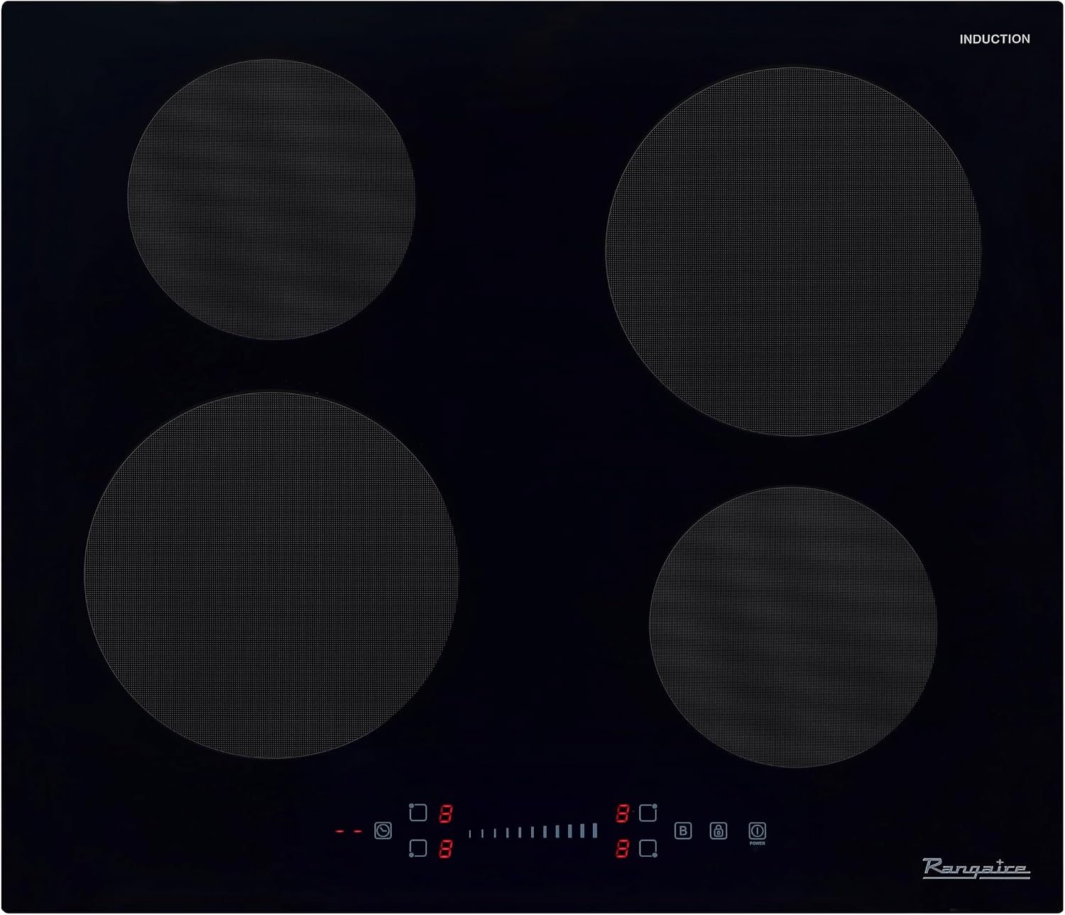 Rangaire RCI241S 24' Induction Cooktop, 6700W, 4 Burners, Built-in Stove Top, Booster & Timer, 9 Power Levels, Slide Touch Control, Child Safety Lock, 240V Hard Wire, Ceramic Surface