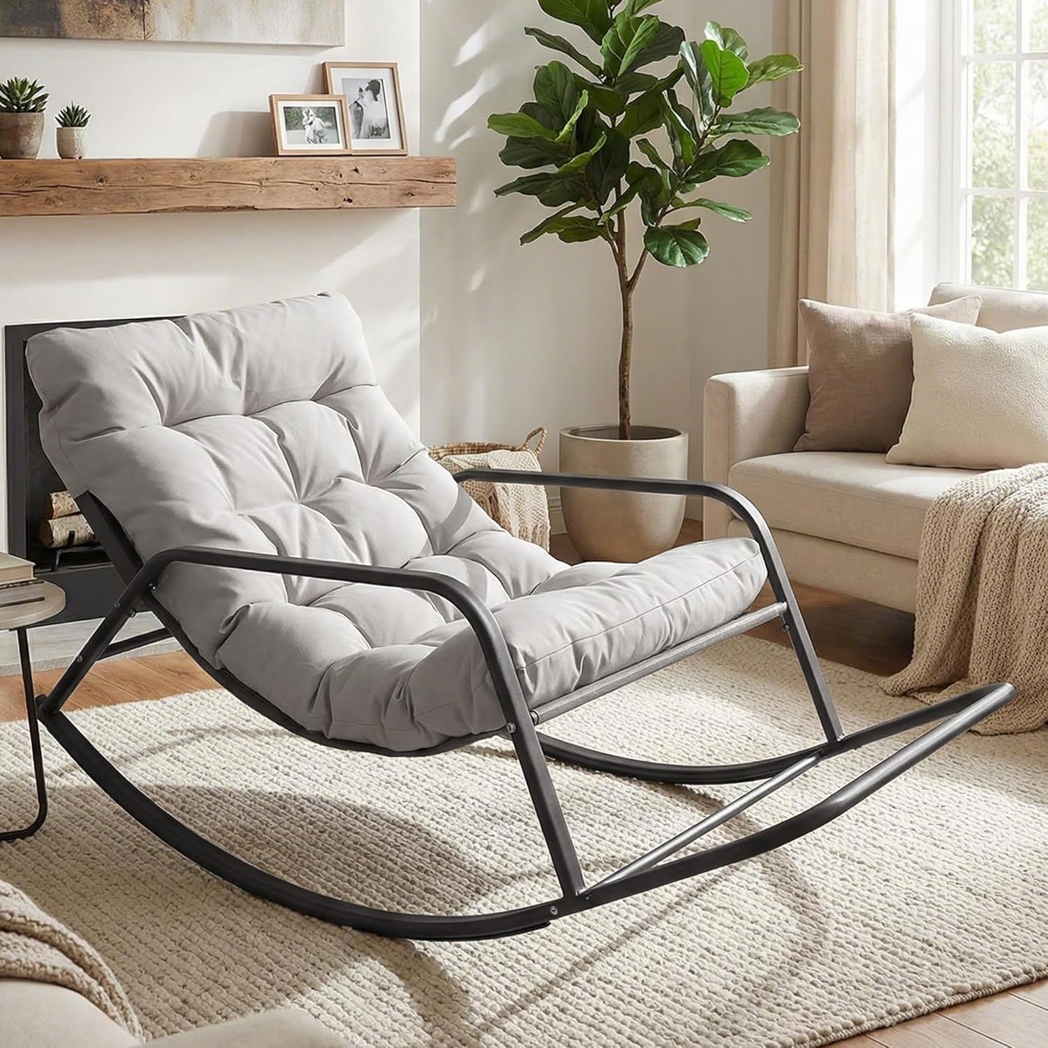 BULEXYARD Grey Oversized Indoor Outdoor Lounge Royal Rocking Chair with Armrest Footrest for Napping Relaxing, Heavy Duty Patio Reclining Papasan Rocker Chair with Padded Cushion for Porch, Sunroom
