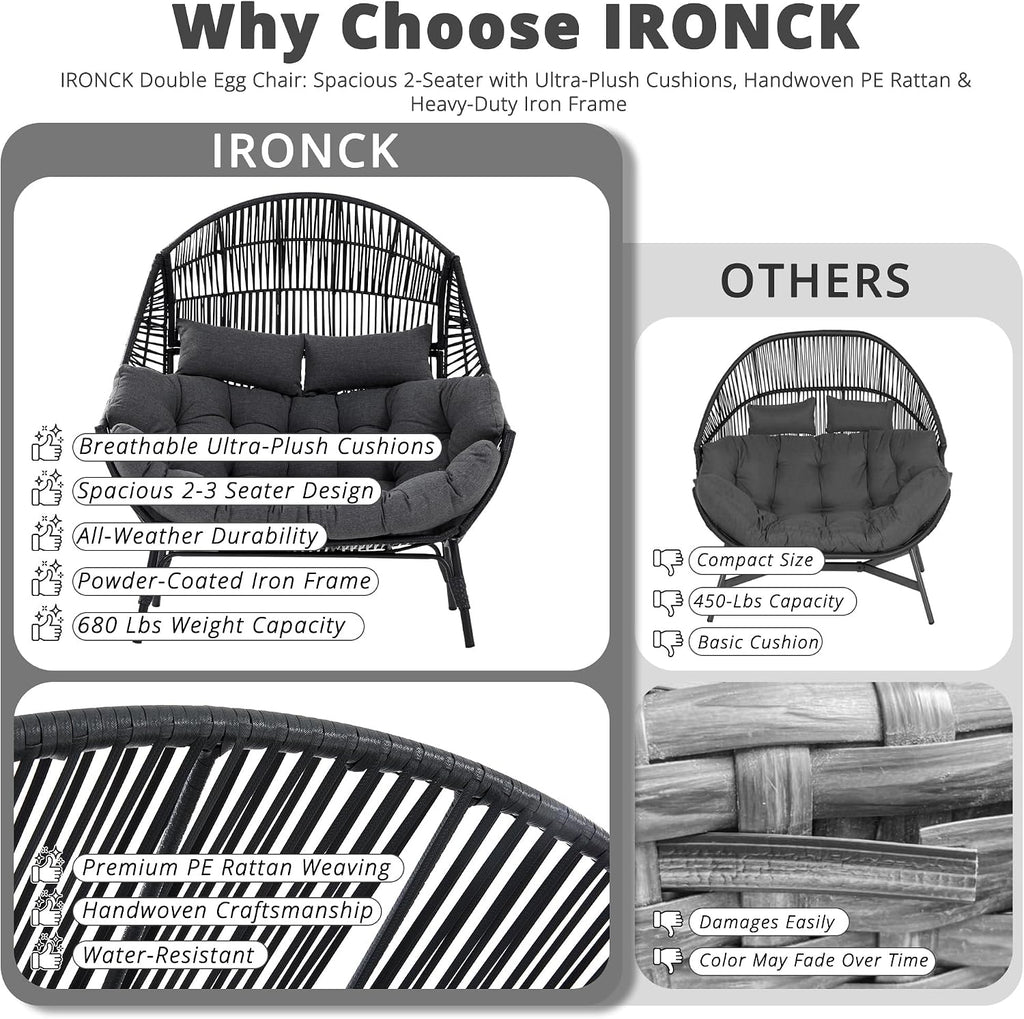 IRONCK Double Egg Chair Outdoor, 2 Person Wicker Lounge Chair, Oversized Thickened Padded Cushions and Headrests, 680 Lbs Egg Loveseat for Indoor, Patio, Living Room, Porch, Balcony, Dark Grey