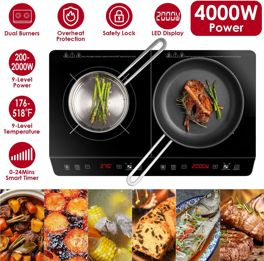 Double Induction Cooktop, 4000W Portable Induction Cooker with 2 Burner Independent Control, Electric Stove with 9 Level Temperature Control, 3 Hour Timer, Safety Lock