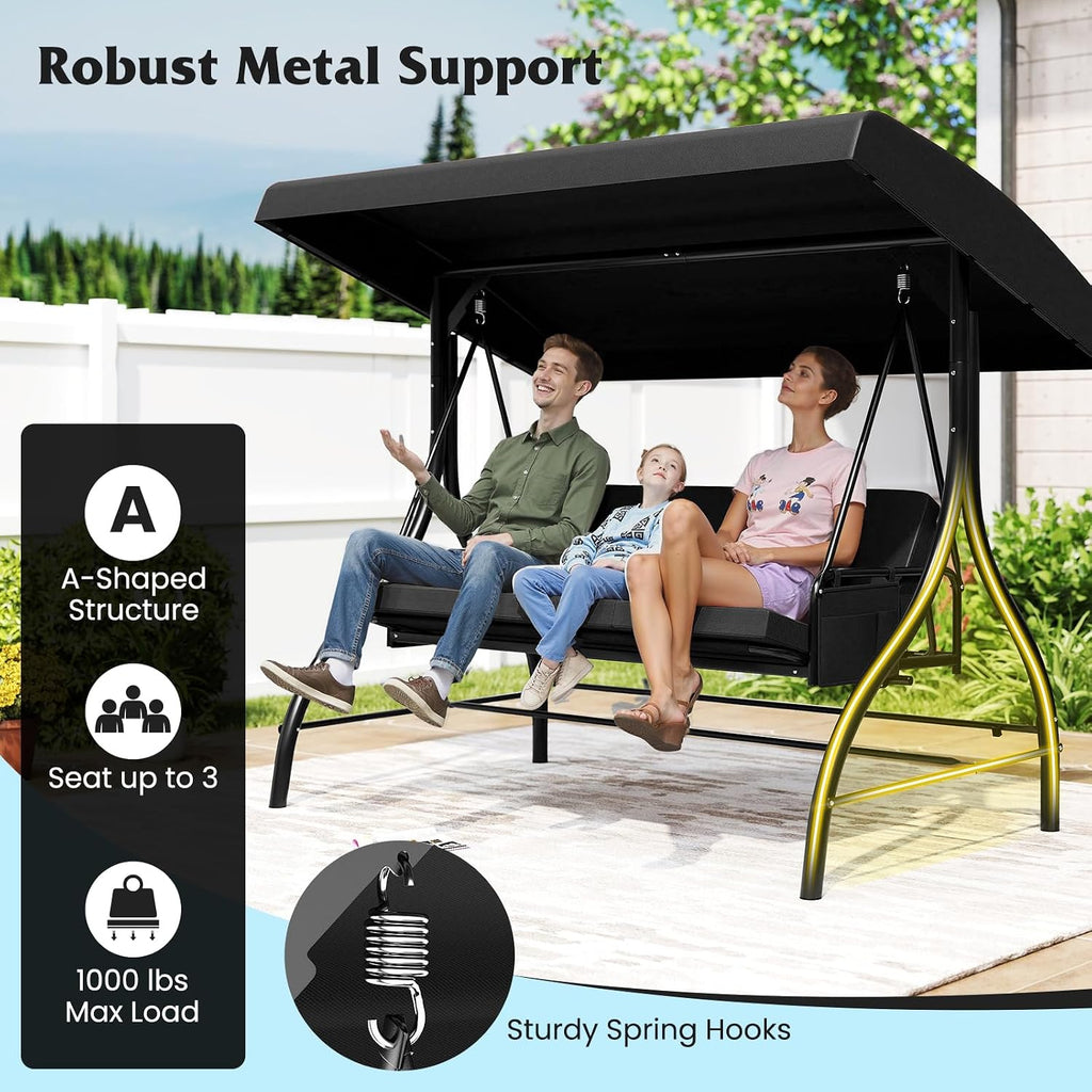 Tangkula 3 Person Porch Swing, 2-in-1 Convertible Outdoor Swing with Adjustable Canopy, Removable Cushions, Metal Frame, Side Pockets for Backyard, Garden, Porch (Black)
