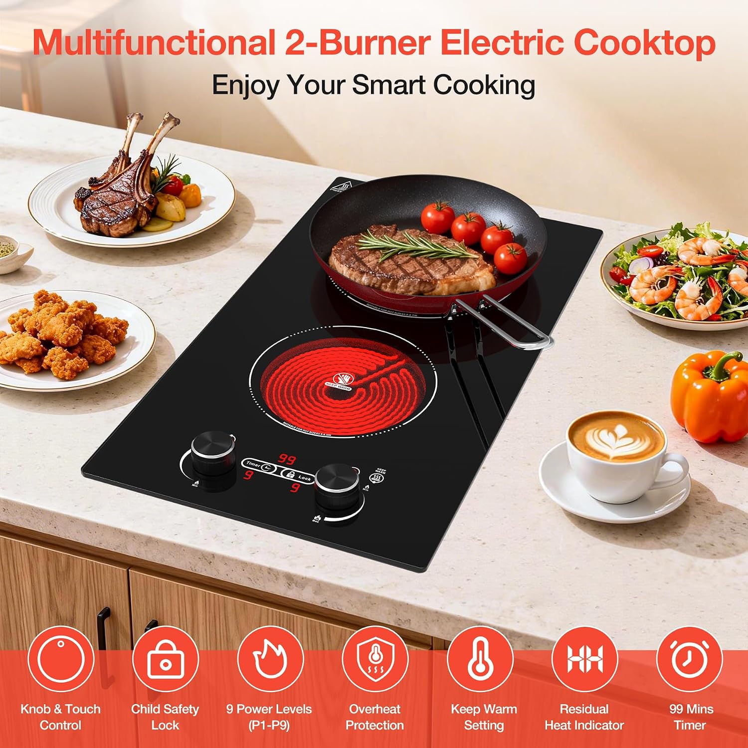 2 Burner Electric Cooktop, 12 Inch Built-in Ceramic Cooktop, 2100W Plug in Electric Stove Top with Knob Control, Keep Warm, 9 Heating Levels, Timer & Child Safety Lock, Over-Temperature Protection