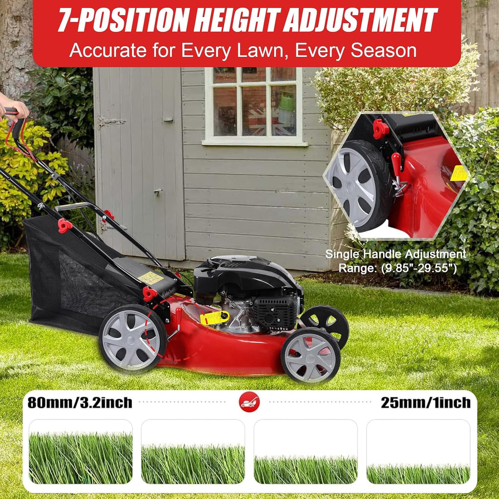 Self Propelled Gas Lawn Mower, 141cc Gas Engine Walk-BehindLawn Mower Cordless Walk-Behind Lawns Mowers with 20 Inches Blade 50L Grass Tank Big Wheels Red