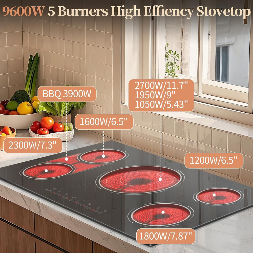 Electric Cooktop 36 Inch - 5 Burner Electric Stove Top Powerful 9600W, 36 Inches Built-in(34.25'x19.3') Ceramic Stove with Large 3900W Flexible Zone, Timer, Safety Lock, 220V Hard Wired