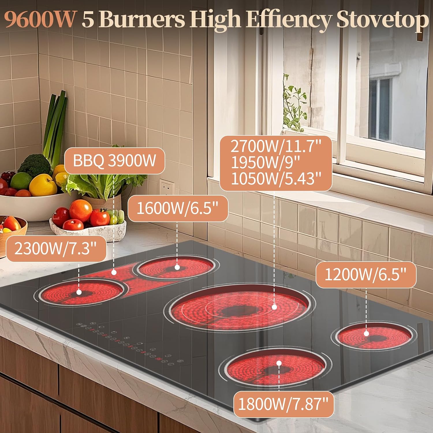 Electric Cooktop 36 Inch - 5 Burner Electric Stove Top Powerful 9600W, 36 Inches Built-in(34.25'x19.3') Ceramic Stove with Large 3900W Flexible Zone, Timer, Safety Lock, 220V Hard Wired