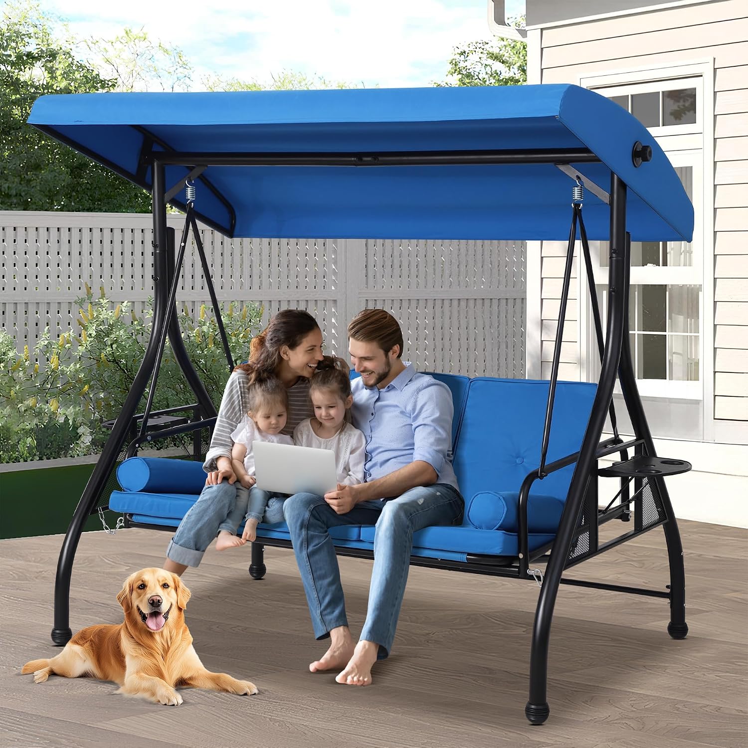 3 Seat Outdoor Porch Swings with Adjustable Canopy - Patio Porch Swing Glider Bench with Stand, Heavy Duty Swing Bed W/Cushions Pillows and Cup Holder for Backyard Garden Lawn Poolside (Blue)